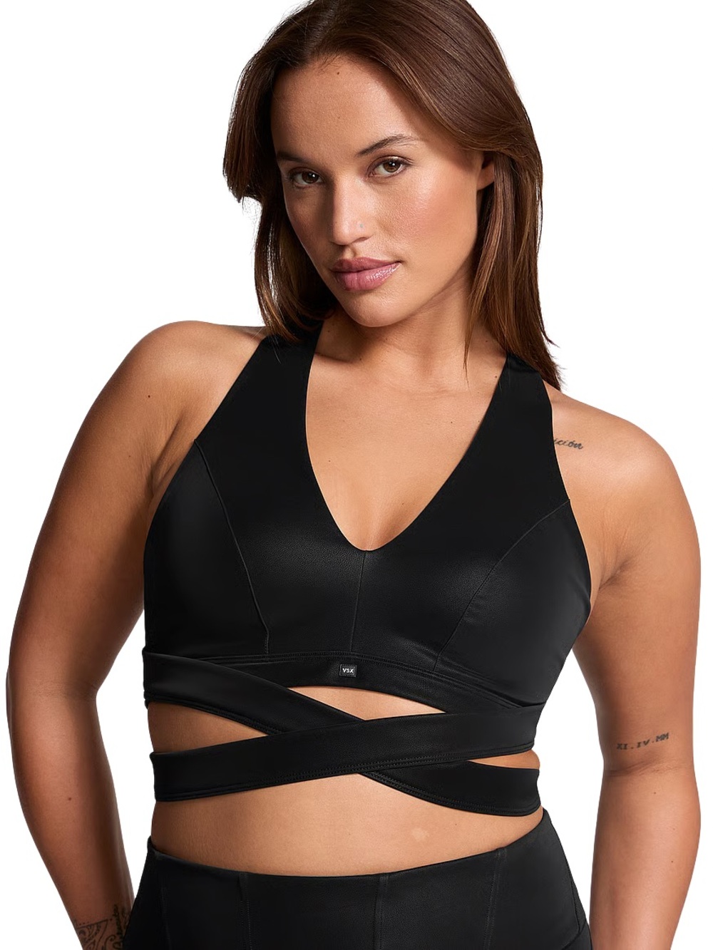 Victoria’s Secret M Black VSX Suede Effect Plunge Wrap Sports Bra